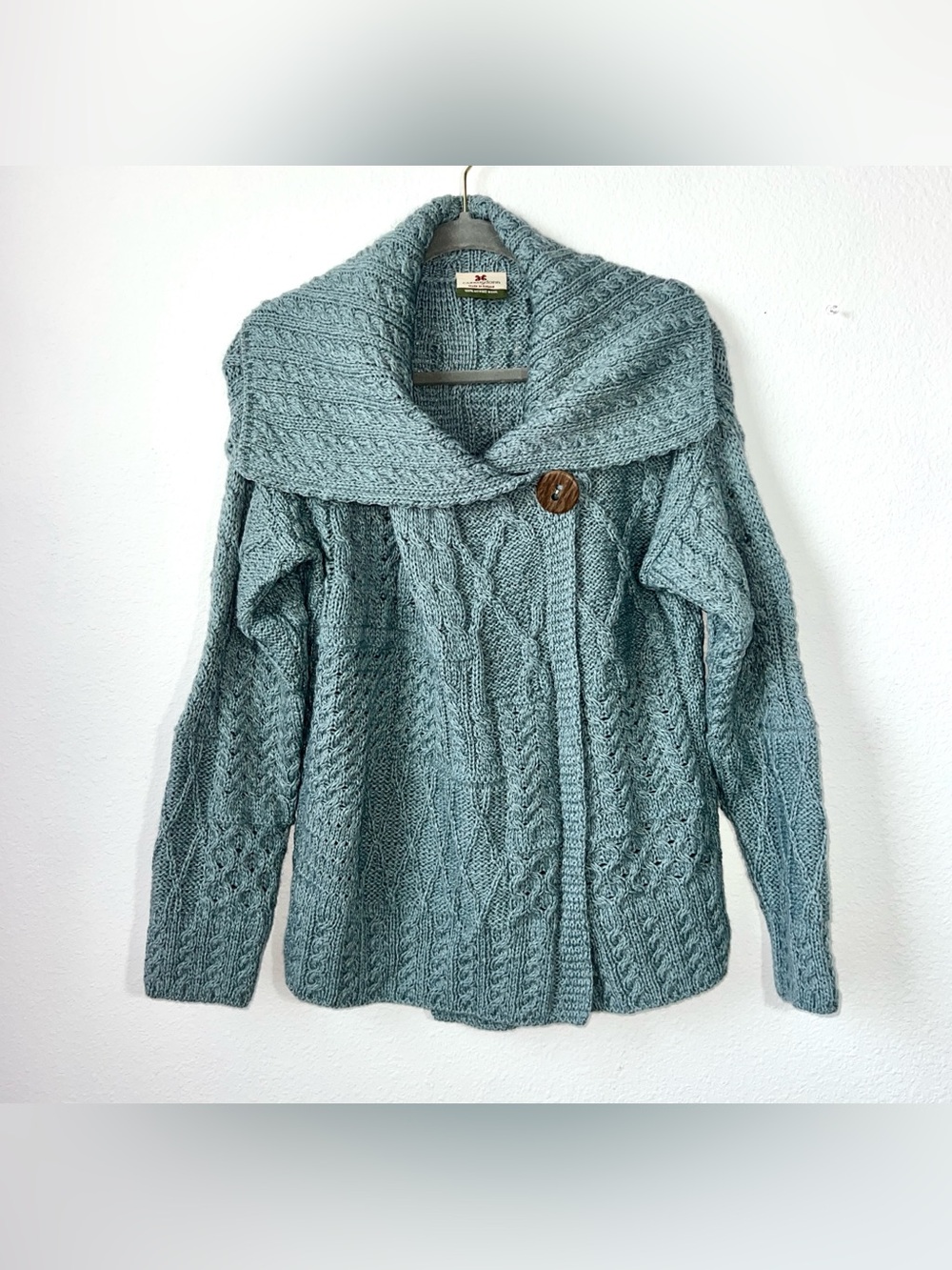 Carraig Donn Irish Merino Wool Cable Knit Cardigan Sweater Blue Size Large